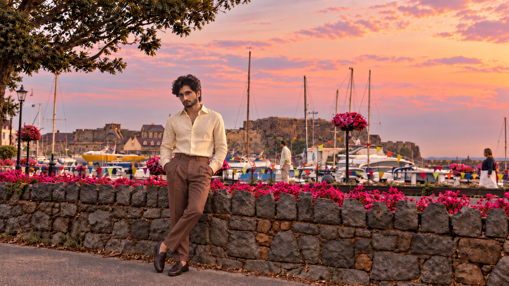 Arjun Soans leaning on a harbour wall at sunset